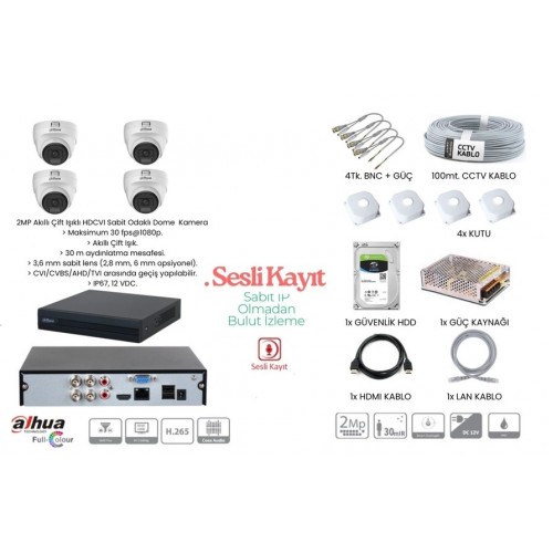 Dahua 2Mp 4 Kameralı Sesli Renkli Gece Görüşlü FullHd Kamera Set 