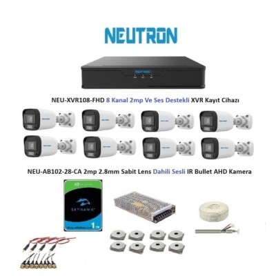 Neutron 2mp 8 kameralı Sesli Dış ortam AHD Full Kamera Seti 1TB Harddisk