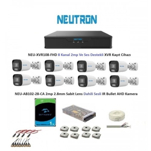 Neutron 2mp 8 kameralı Sesli Dış ortam AHD Full Kamera Seti 1TB Harddisk