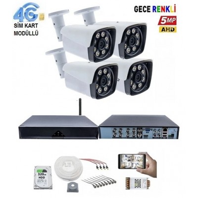 4 Kameralı 4G Sim Kart Modüllü 5MP Gece Renkli Güvenlik Seti icf-44