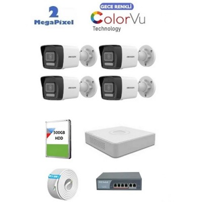 Hikvision 4 Kameralı 2mp Colorvu İp Kamera Seti Sesli ics-3444