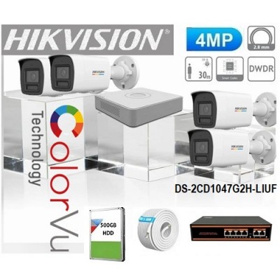 Hikvision 4 Kameralı 4mp Colorvu DS-2CD1047G2H-LIUF İp Kamera Seti