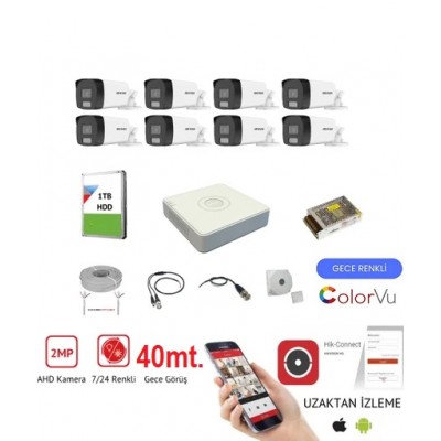 Hikvision 8 Kameralı 7/24 Renkli Görüşlü 2mp Ahd Güvenlik Kamerası - 40 Metre ST-718