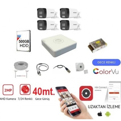 Hikvision 4 Kameralı 7/24 Renkli Görüşlü 2mp Ahd Güvenlik Kamerası - 40 Metre ST-744