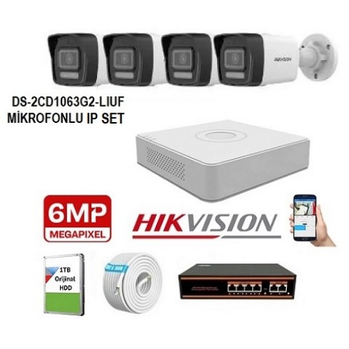 Hikvision 4 Kameralı 6Mp Hybrit Color İp Kamera Seti Sesli