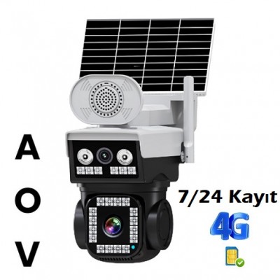 AOV Çift Kameralı 7/24 Kayıt Sirenli 4G Solar Kamera C-83