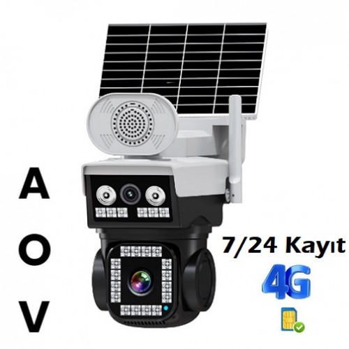 AOV Çift Kameralı 7/24 Kayıt Sirenli 4G Solar Kamera C-83