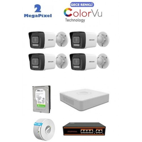 Hikvision 4 Kameralı 2mp Colorvu İp Kamera Seti Sesli ics-3444