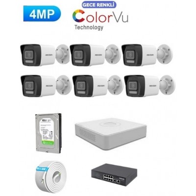 Hikvision 6 Kameralı 4mp Colorvu İp Kamera Seti Sesli ics-4066
