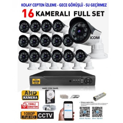 16 Kameralı Güvenlik Kamera Sistemi 2MP Ahd 250 Metre Kablolu St-16