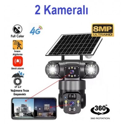 Çift Kamera Solar Panelli 4G Alarm Yapay Zekalı Güvenlik Kamerası ICC-72
