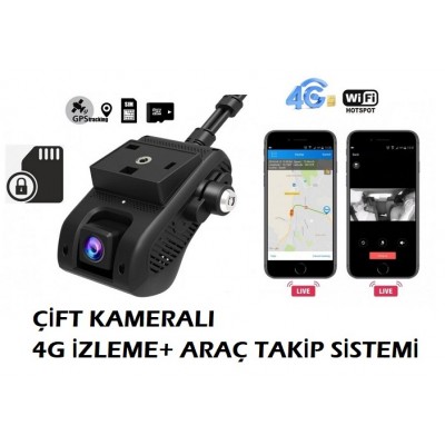 Uzaktan İzleme Özellikli Çift Araç Kamerası 4G ve GPS + Canlı Kamera C-390