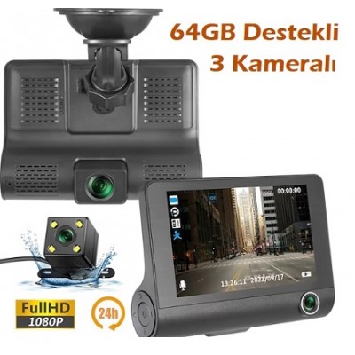 3 Kameralı Araç Dvr 1080p Yol, araç içi, geri vites Kamera ICR-3024