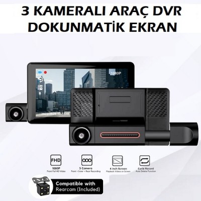 3 Kameralı Dokunmatik Araç Dvr 1080p Yol, Araç içi, Geri Vites Kamera ICR-3054