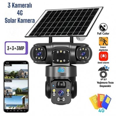 3 Kameralı 4G SIM Kart Destekli Solar Güvenlik Kamerası ICC-703
