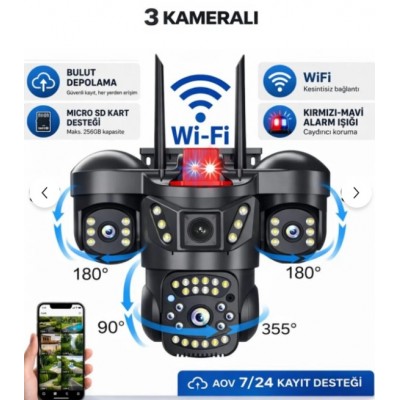 3 Kameralı Wifi Kamera 9MP 360 derece Dönebilen ICS-342