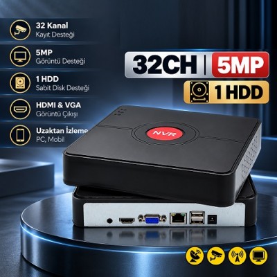 İcom 32 Kanal 5MP H.265 Plus NVR Kayıt Cihazı 1 Sata Girişli