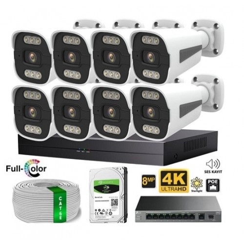 8MP 8 Kameralı Mikrofonlu Sesli 4K Gece Renkli POE IP Kamera Seti