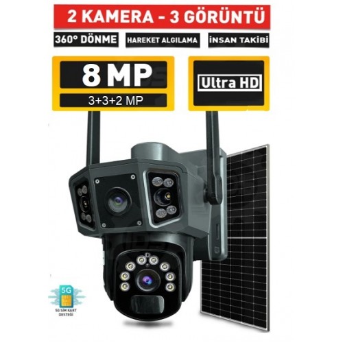 8MP Çift Kamera 3 Lens İzlemeli 4G Sim Kartlı Solar Kamera ICP-26
