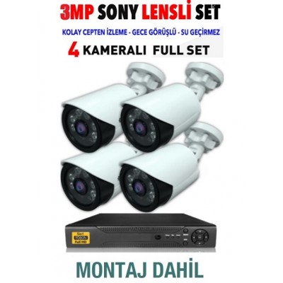 Kurulum Dahil 3MP UltraHD  4 Kameralı Güvenlik Kamera Seti