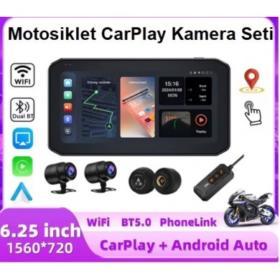 6.25 inç 2K Motorsiklet Carplay Lastik Sensörlü Gpsli 2 Kameralı Su Geçirmez Dokunmatik Ekran AR-30