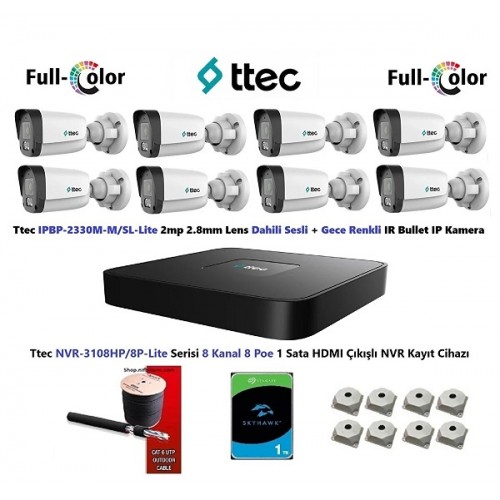 Ttec 2mp Sesli Ve Gece Renkli 8 Kameralı Tak Çalıştır Hazır Ip Kamera Seti ST-870