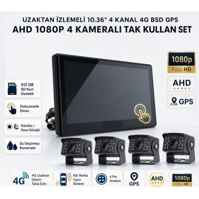 UZAKTAN İZLEMELİ 10 inç 4LÜ 4G GPS BSD PROFESYONEL ARAÇ KAMERA SETİ