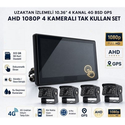 UZAKTAN İZLEMELİ 10 inç 4LÜ 4G GPS BSD PROFESYONEL ARAÇ KAMERA SETİ