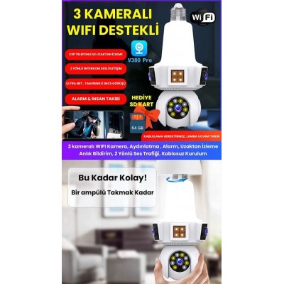 3 Kameralı Wifi Ampül Kamera 9MP Alarm Uzaktan İzleme Hareket Takibi