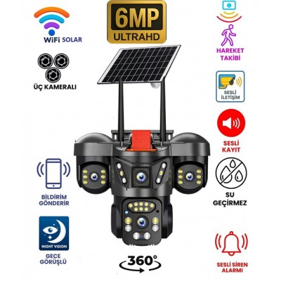 Wifi Solar Kamera Üç Kameralı Hareket Takipli Gece Görüşlü Su Geçirmez Özellik ICC-11