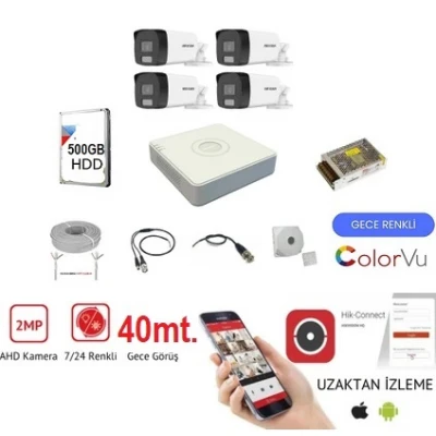 Hikvision 4 Kameralı 7/24 Renkli Görüşlü 2mp Ahd Güvenlik Kamerası - 40 Metre ST-744