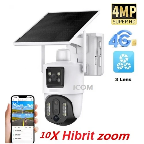 4MP 3 Lensli Geniş Açılı 10x Hibrit Zoom 4G Solar Kamera ICC-3670