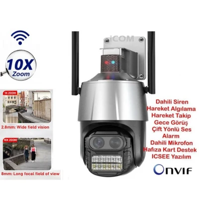 Çift Lensli 10x Zoom 3MP Çakar Işıklı Wifi PTZ Kamera ICS-3340