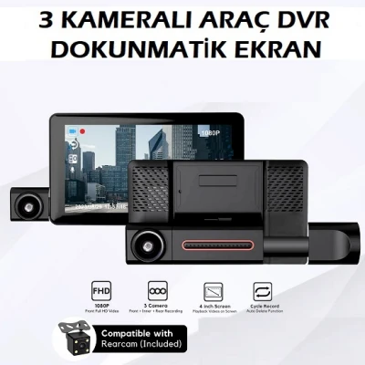 3 Kameralı Dokunmatik Araç Dvr 1080p Yol, Araç içi, Geri Vites Kamera ICR-3054