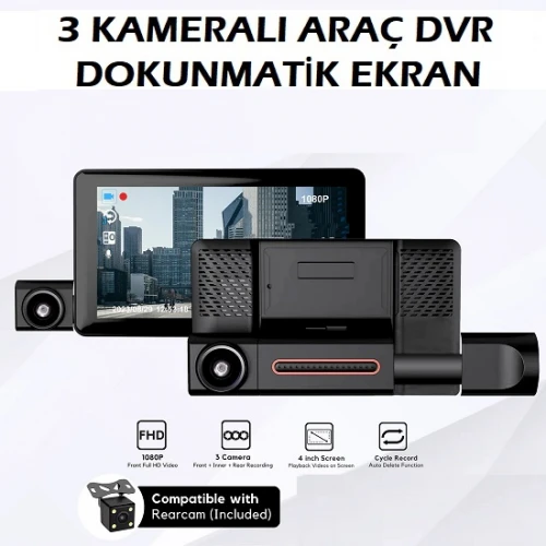 3 Kameralı Dokunmatik Araç Dvr 1080p Yol, Araç içi, Geri Vites Kamera ICR-3054