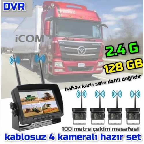 KABLOSUZ 7 İNÇ 4 KAMERALI DVR MONİTÖR SETİ 12- 24 VOLT 100 Mt ÇEKİM MESAFESİ WM-304